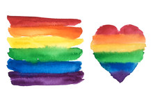 Gay Pride Rainbow Flag And Heart. LGBT Community Symbol Watercolor Illustration