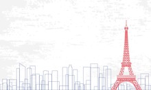 Vector Illustration Of City In A Line Style With Blue And Red Color On White Grunge Background.