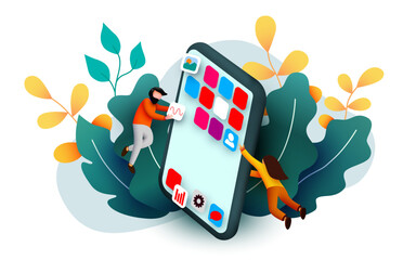 Modern banner template with tiny people and giant smartphone. mobile app design. User interface development concept. Small people building applications.