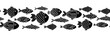 Monochrome fishes seamless vector border. Black on white doodle fish line art. Ocean animals repeating vector border. 