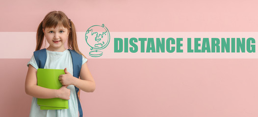 Sticker - Cute little schoolgirl on color background. Concept of distance learning