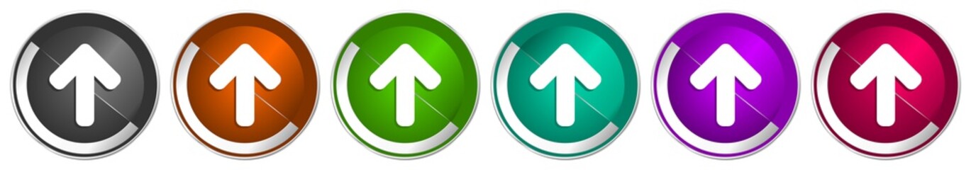 Leinwandbilder - Up arrow icon set, upload silver metallic chrome border vector web buttons in 6 colors options for webdesign