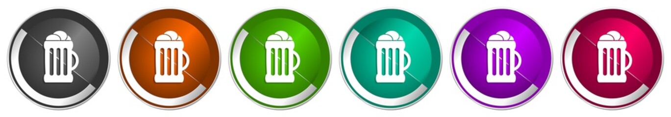 Fototapete - Beer icon set, silver metallic chrome border vector web buttons in 6 colors options for webdesign
