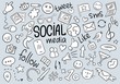 © Vladimir Didenko - Black and white social media doodle background with like, robot, smile, earth, hearts, phone, glasses, arrows and hand written words