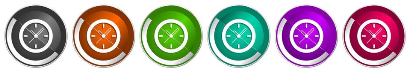 Fototapete - Time, clock, watch icon set, silver metallic chrome border vector web buttons in 6 colors options for webdesign