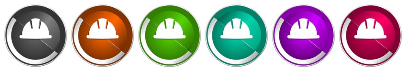 Aufkleber - Helmet icon set, safety, engineer, worker silver metallic chrome border vector web buttons in 6 colors options for webdesign