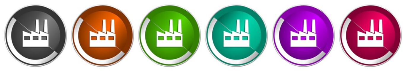 Aufkleber - Factory icon set, industrial building silver metallic chrome border vector web buttons in 6 colors options for webdesign