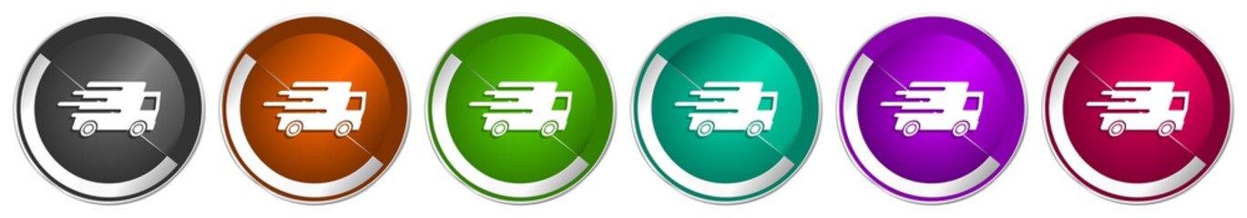 Aufkleber - Speed transport icon set, fast delivery, truck silver metallic chrome border vector web buttons in 6 colors options for webdesign