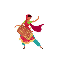 Poster - Indian woman with drum flat color vector faceless character. Female in sari perform on Teej festival. Diwali celebration isolated cartoon illustration for web graphic design and animation