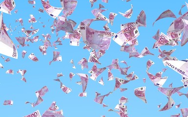 Flying euro banknotes against the sky background. Money is flying in the air. 500 EURO in color. 3D illustration