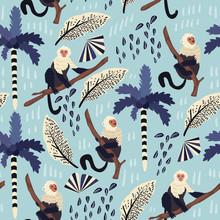 Tropical Leaves Seamless Pattern With Monkey. Summer Vector Background