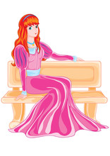 Princess In A Pink Dress Sitting On A Bench, Isolated Object On A White Background, Vector Illustration,