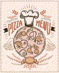 Wall Mural - Chalk pizza menu, big pepperoni pizza as cook chef with wings