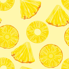 Wall Mural - Pineapple slices on yellow background. Seamless pattern with pieces of tropical fruit. Vector food illustration in cartoon flat style. Pineapple rings.