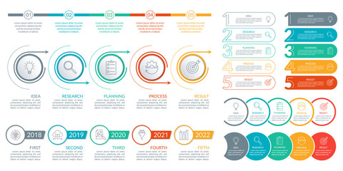 5 steps, levels or options info graphic set. Business design elements with icons for timeline infographics, information brochure, presentation, banner, workflow layout. Vector illustration.