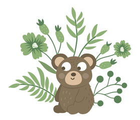 Wall Mural - Vector hand drawn flat baby bear with leaves, twigs and flowers. Funny scene with woodland animal. Cute forest animalistic illustration for children’s design, print, stationery.