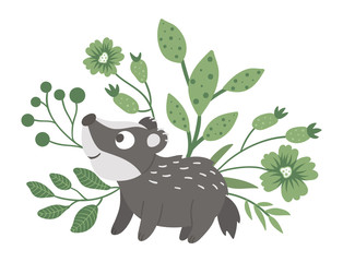 Wall Mural - Vector hand drawn flat baby badger with leaves, twigs and flowers. Funny scene with woodland animal. Cute forest animalistic illustration for children’s design, print, stationery.