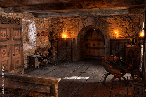 3D Rendering Medieval Bedroom Poster Mural XXL