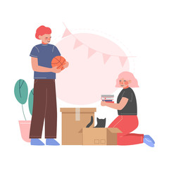 Sticker - Family Couple Packing Belongings in Cardboard Boxes, People Relocating to New Apartment Vector Illustration