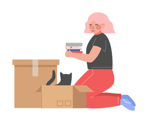 Sticker - Young Woman Sitting on her Knees Packing or Unpacking Belongings in Cardboard Box, Guy Relocating to New Home Vector Illustration