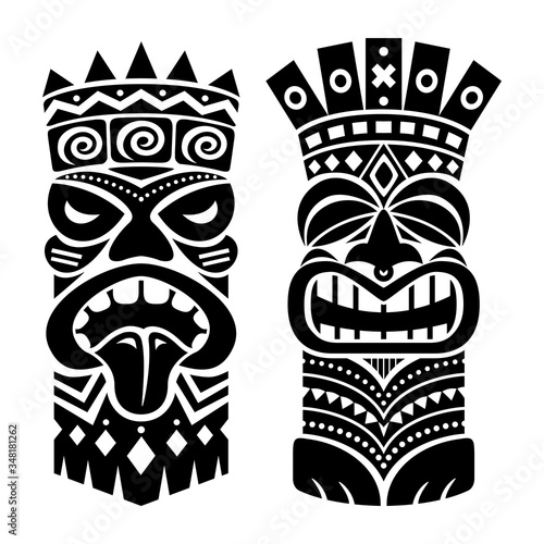 Tiki statue pole totem vector design - traditional decor set from Polynesia and Poster Mural XXL