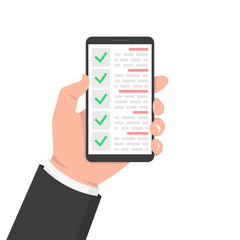 Wall Mural - Green check list smartphone. Survey vector illustration. Green tick. Flat check list smartphone for web design. Customer service. Vector illustration.