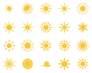 sun. Summer time icon set. Set of yellow icons of the sun, isolated on white background