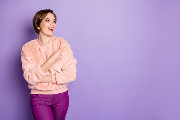 Sticker - Portrait of cheerful positive girl promoter enjoy promo ads she look indicate present laugh wear casual style fuzzy outfit isolated over purple color background