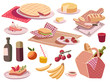 Food vector illustration. Flat style. Wine, tea, coffee, orange, bananas, juice, bread, knife, sandwich, cheese, plate, pie, strawberry, glass, cup. Stuff for picnic. Home made food. 