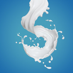 flowing and splash milk isolate on blue background, 3d illustration.