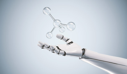 Robot hand and molecule, Futuristic design concept of a robotic mechanical Artificial Intelligence, 3d illustration.
