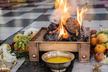 items for the Indian Yajna ritual. Indian Vedic fire ceremony called Pooja. A ritual rite, for many religious and cultural holidays and events in the Indian tradition. Hindu wedding vivah Yagya