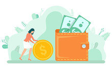 Woman Holding Coin, Cash With Dollars, Landscape View. Worker Earning Money, Currency In Purse, Investment And Profit, Finance Element Of Decoration Vector