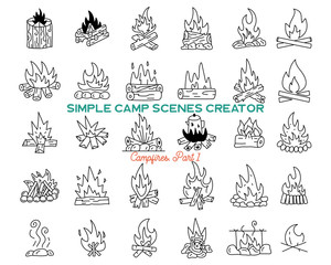 Vintage hand drawn campfires icons bundle. Simple bonfires line art graphics. Adventure symbols. Stock vector isolated travel elemens and symbols