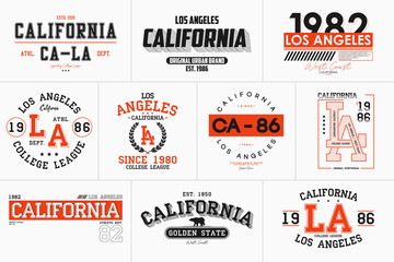 Wall Mural - Set of California, Los Angeles prints for t-shirt. Typography graphics for college tee shirt. LA stamp collection for varsity apparel design. Vector.