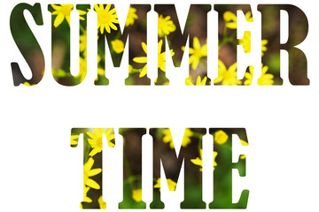 Flower font Alphabet SUMMER TIME made of Real alive yellow flowers background. Concept of flowering, summer