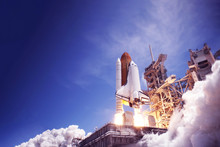 The Launch Of The Space Shuttle Against The Sky, Fire And Smoke. Elements Of This Image Were Furnished By NASA.