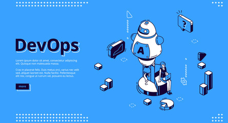 DevOps banner. Concept of development operations, communication of programmers and engineers. Vector landing page of work processes integration with isometric working woman, chart and chatbot