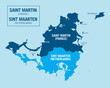 Saint Martin island, France. Sint Maarten island, Netherlands. Detailed political vector map with isolated regions, cities and islands.