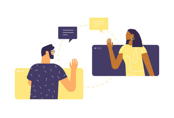 Two funny characters communicate using online videos and messages. Vector illustration, the concept of remote meetings. Afro American and European people. Flat design, isolated on white. 