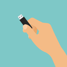 Flat Design Cartoon Illustration Of Hand Holding USB Flash Drive, Vector