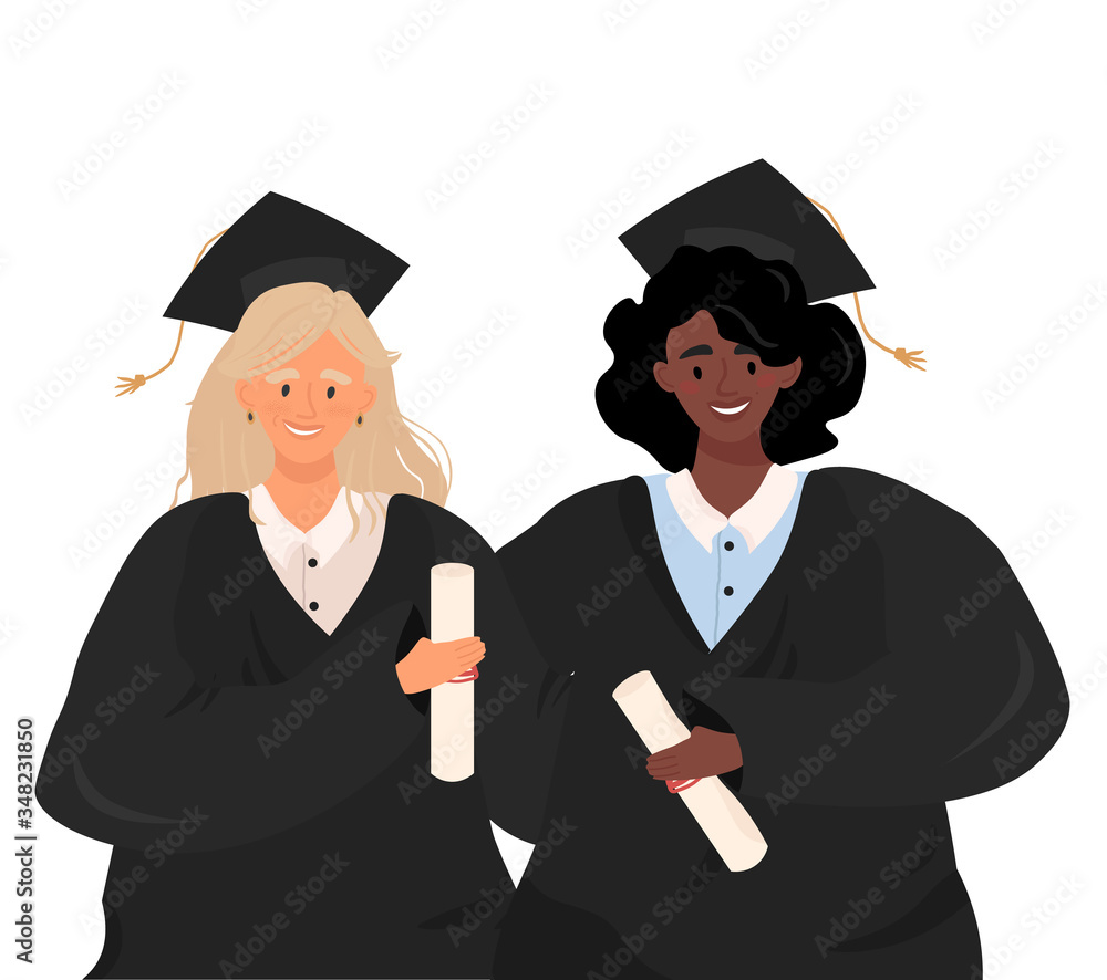 Graduates of different nationalities. Flat vector portrait of girls in ...
