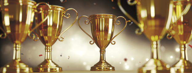 Wall Mural - golden trophy cup on gold background. copy space for text. 3d rendering.