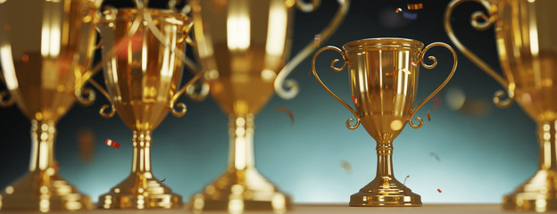 Wall Mural - golden trophy cup on gold background. copy space for text. 3d rendering.