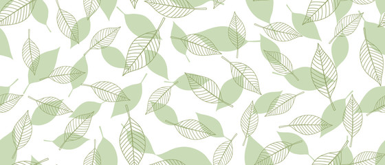 Green leaves seamless background on white background. Vector illustration.