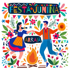 Wall Mural - Happy couple dancing on a Festa Junina poster design with colorful background pattern and campfire, colored vector illustration