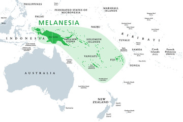  Melanesia, subregion of Oceania, political map. Extending from New Guinea in southwestern Pacific Ocean to Tonga, including Fiji, Vanuatu, Solomon Islands and Papua New Guinea. Illustration. Vector.