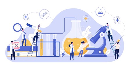 Medical chemical, pharmacy, biological laboratory vaccine development genetic DNA testing. Scientific research team. Medicine and technology. Tiny doctors doing analysis using lab equipment glassware