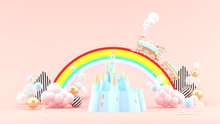 The Castle Is Covered With Rainbow And The Train On A Pink Background.-3d Rendering.
