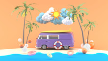 Vans And Server Boards Among The Coconut Trees, The Sea And The Sky On The Orange Background.-3d Rendering.
